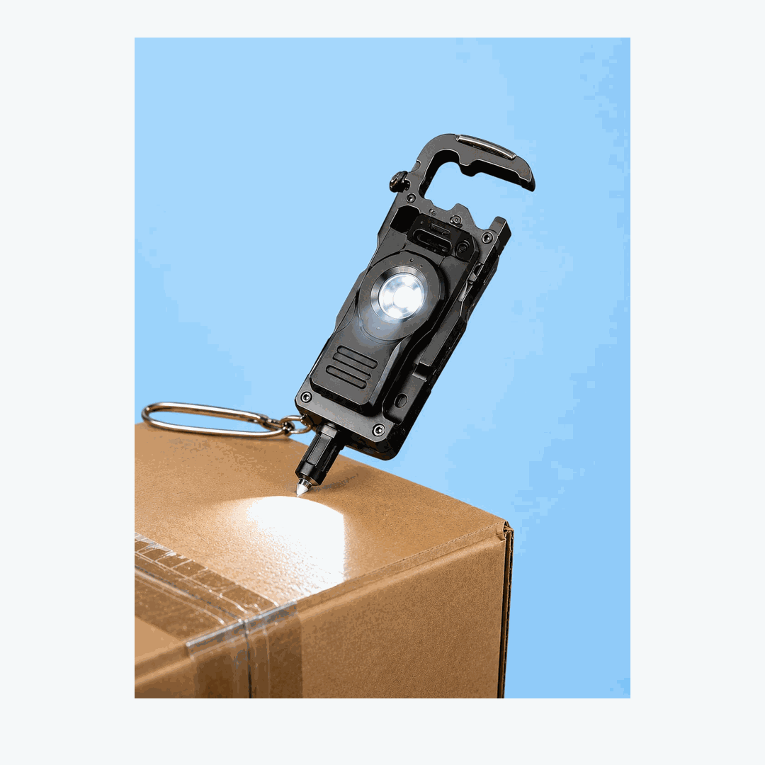 GripGlow™ Lampe Torche Rechargeable 6-en-1 avec Mousqueton | Soyez prêt en toutes circonstances grâce à un puissant éclairage COB, un coupe-ceinture d'urgence intégré, un décapsuleur et un design robuste pour un usage quotidien